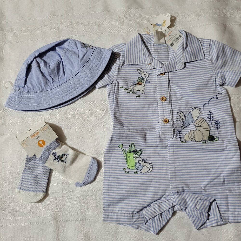 Gymboree Peter Rabbit NWT 3-6 month socks Romper, 6-12 month Hat set. Mixed Z31